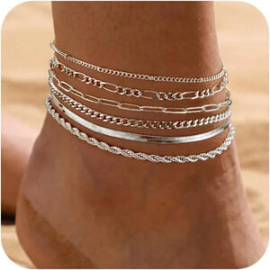 ❤️Women Silver  Layered Anklets Beaded Cuban Chain Beach Stackable Jewelry